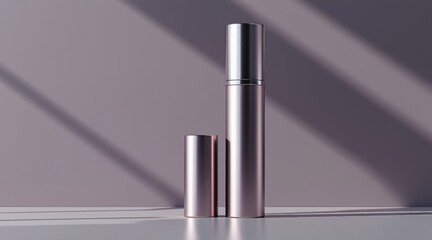 Obraz premium Minimalist silver cosmetic bottle with cap, set against a soft shadowed background.