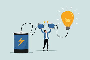 Business ideas and solutions to solve company problems or innovation and strategies to win the concept of business success, smart entrepreneurs try to connect big batteries to light up ideas.