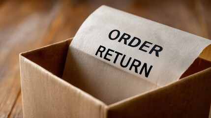 A cardboard box with a paper slip labeled "ORDER RETURN" inside, illustrating the process of returning an online purchase.