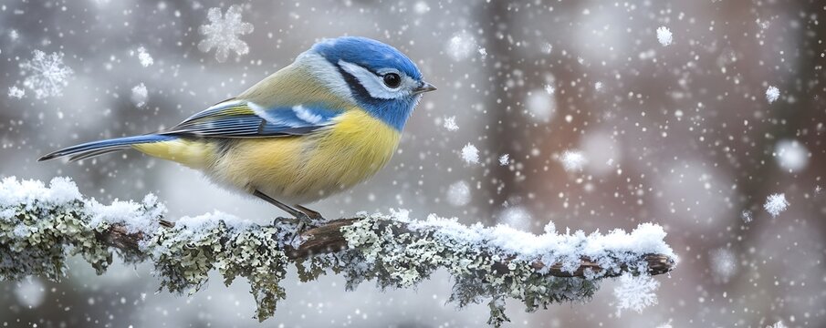Blue tit perched on a snow covered branch in winter