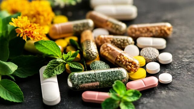 Capsules, tablets and healing herbs, concept of natural health and medicine