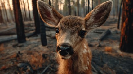 Fototapeta premium Endangered species affected by fire and climate change concept. A close-up of a young deer in a burned forest landscape.