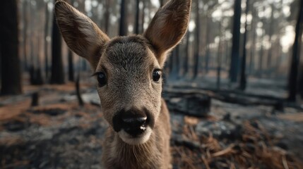 Fototapeta premium Endangered species affected by fire and climate change concept. A curious young deer in a burnt forest landscape.