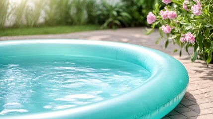 A serene inflatable pool glimmers under soft sunlight, bordered by blooming flowers and lush foliage, embodying a calm and inviting outdoor space.