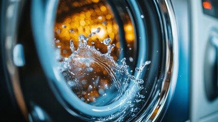 Washing machine in action displaying water splashing during a laundry cycle in a modern home setting