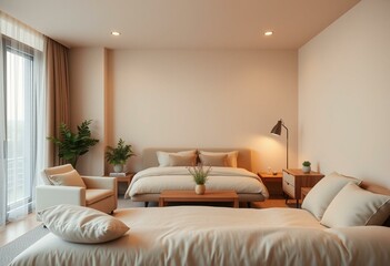 Cozy bedroom interior with neutral background and soft lighting