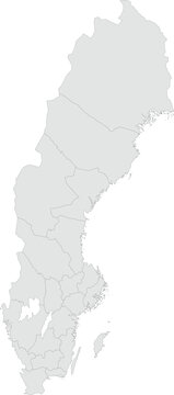 Vector map of Sweden showing all regions with clearly defined borders and country outline. Grey color scheme with dark contours. Ideal for educational, infographic, and professional use.

