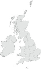 Vector map of the United Kingdom showing all countries and regions with clearly defined borders and country outline. Grey color scheme with dark contours. Perfect for educational, infographic, and pro