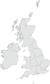 Vector map of the United Kingdom showing all countries and regions with clearly defined borders and country outline. Grey color scheme with dark contours. Perfect for educational, infographic, and pro