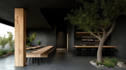 Obraz premium Modern, minimalist restaurant with outdoor patio. Dark, sophisticated interior design. Wooden accents. Open concept, with large bar area