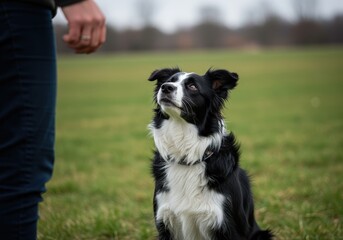 Border Collie dog sits in a green field looking up at a human. Outdoor interaction between pet and owner or trainer