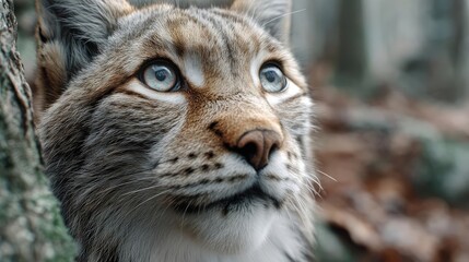 Naklejka premium Endangered species affected by fire and climate change concept. A close-up portrait of a lynx in its natural forest habitat.