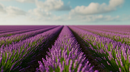 Obraz premium A sprawling field of lavender in full bloom, with rows of deep purple flowers stretching to the horizon, under a clear, bright sky, perfect for wellness, organic, or aromatherapy-focused branding