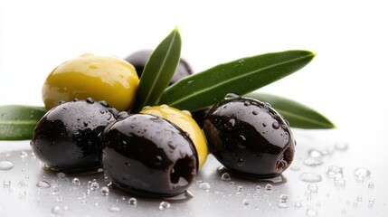 A stunning close-up of glossy black and green olives, positioned beautifully with fresh leaves and water droplets, emphasizing the essence of freshness and culinary delight.