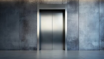A modern elevator door embedded in a concrete-tiled wall with two blank signs beside it, illuminated by sunlight creating shadows.