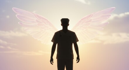 Minimal silhouette of nurse with light wings