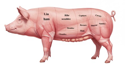 Detailed anatomical illustration of a pig with meat cuts labeled