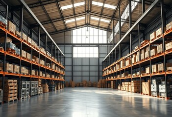 Fototapeta premium Modern warehouse interior with industrial-style shelving