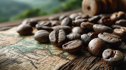 Obraz premium Coffee beans scattered on wood blend with a lush coffee plantation view