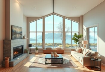Fototapeta premium Cozy living room interior with modern fireplace and comfortable seating