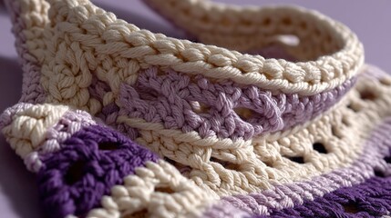 Crochet cotton halter top with ivory and pastel lilac stripes on lavender backdrop