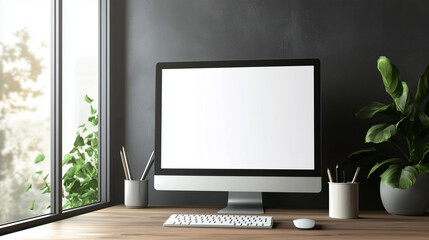 Fototapeta premium Minimalist Workspace with Computer, Keyboard, and Plant on Wooden Desk for Home Office Blogs, Productivity Websites, Interior Design Articles, and Work From Home Concepts
