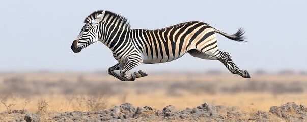 Zebra gallops across arid land with grace and athleticism