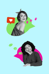 Collage of happy influencer like icon with heart symbolizing internet popularity social media trends