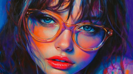 Vibrant portrait of a young woman with stunning blue eyes and stylish glasses in an artistic setting