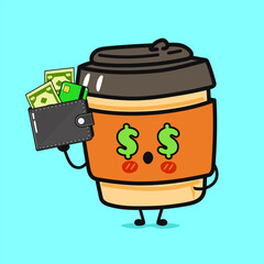 A charming Coffee cup character with dollar signs for eyes holding a wallet of cash and a card.