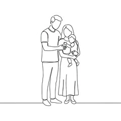 Happy family continuous one line drawing. Parents with their kid in simple linear style.