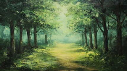 Serene green forest path sunlight through trees nature scene art calm walk lush view woods image