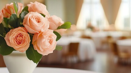 A white vase filled with peach roses on a table in a dining room with blurred background elements.