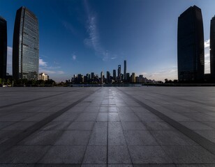 Symmetrical View of Modern Business Plaza Framed by Skyscrapers at Sunrise