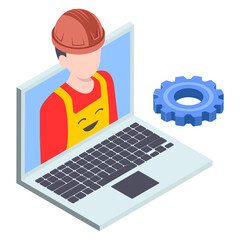 Technical Team Members isometric Concept, Engineering Team Lead Vector color Icon Design, Man wearing hard helmet with Cogwheel design, Business Character stock illustration, HRM Symbol, 