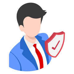 Employee Insurance Policy isometric Concept, Worker Job protection sign,  hrm symbol, hr sign, Business Character Stock illustration, Man with protection shield vector color icon design,