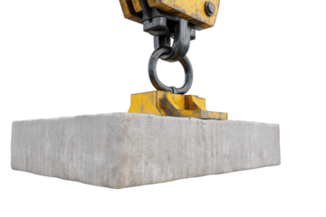 Close Up Gray Concrete Block Lifting By Yellow Crane Hook isolated on a transparent background