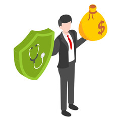 Employee Benefits isometric Concept, Employer Perks Sign, Business Character stock illustration, Worker with insurance shield and cash bonus bag vector color icon design, hrm symbol, 