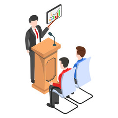 Trainer Giving the Presentation on Growth isometric Concept,Presenter with Bar Graphs Vector Icon Design, Adult Education pictogram, executive on rostrum wearing spectacles stock illustration,  hrm sy