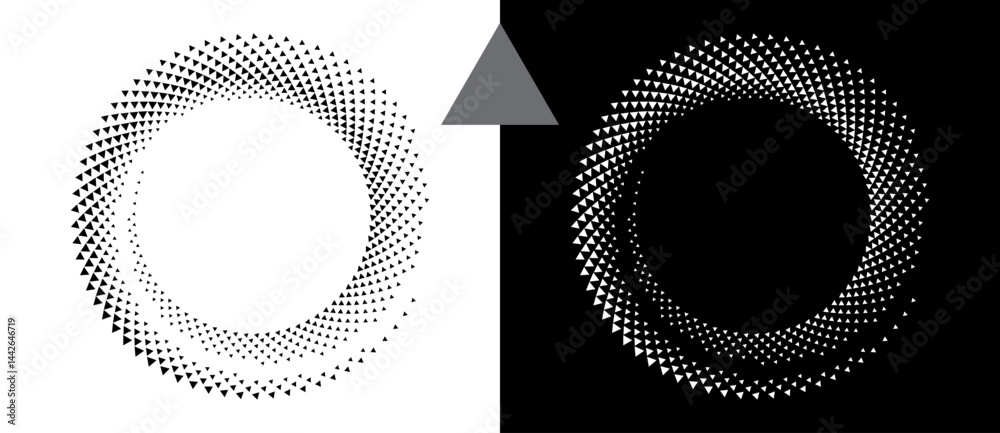 Poster Spiral dotted background with triangles. Design element or icon. Black shape on a white background and the same white shape on the black side.