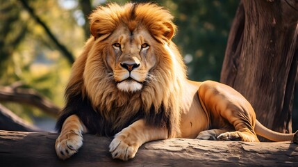 A lion is sitting on a log in the woods Photo