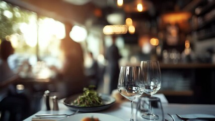 A restaurant scene with a table set for two, featuring empty wine glasses and a plate of food, with blurred patrons and warm lighting in the background.
