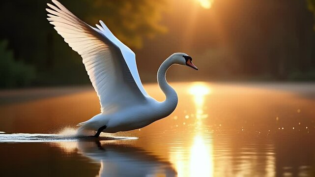 Elegant White Waterbird of the Swan Species Flying Gracefully Over a Calm Body of Water in a Lush Green Park Setting, Symbolizing Serenity and Natural Beauty