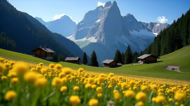 Expansive Vista of a Prominent Mountain Range with Distinctive Peaks Viewed from a High Alpine Meadow Dotted with Vibrant Yellow Spring Flowers and Rustic Wooden Buildings