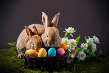 Happy easter with easter egg and easter bunny Photo