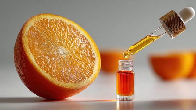 Freshly sliced orange and essential oil droplet on a clean white background - Powered by Adobe