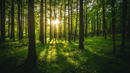 Obraz premium Majestic sunlight beams through lush green forest trees park calm view woods image photo nature