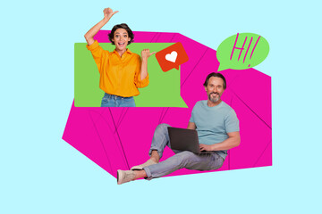 Collage of happy influencer like icon with heart symbolizing internet popularity social media trends