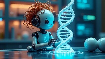 A cute, futuristic robot with curly hair examines a glowing DNA strand in a high-tech lab, embodying curiosity and innovation.