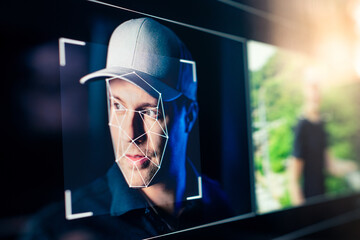 AI deepfake. Deep fake, identity theft or fraud scam video. Face recognition with artificial intelligence. Photo detection. Machine learning and computer id analysis system technology.